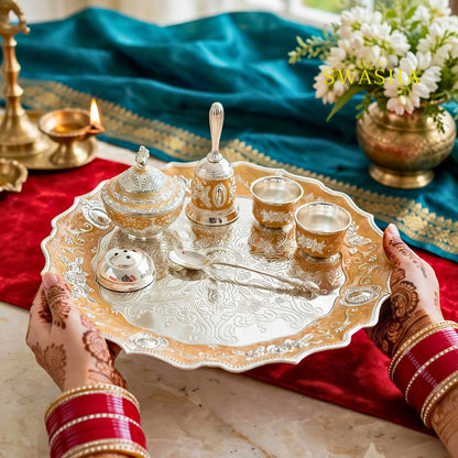 peach german silver pooja thali set, kesariya pooja thali set, light golden pooja thali set