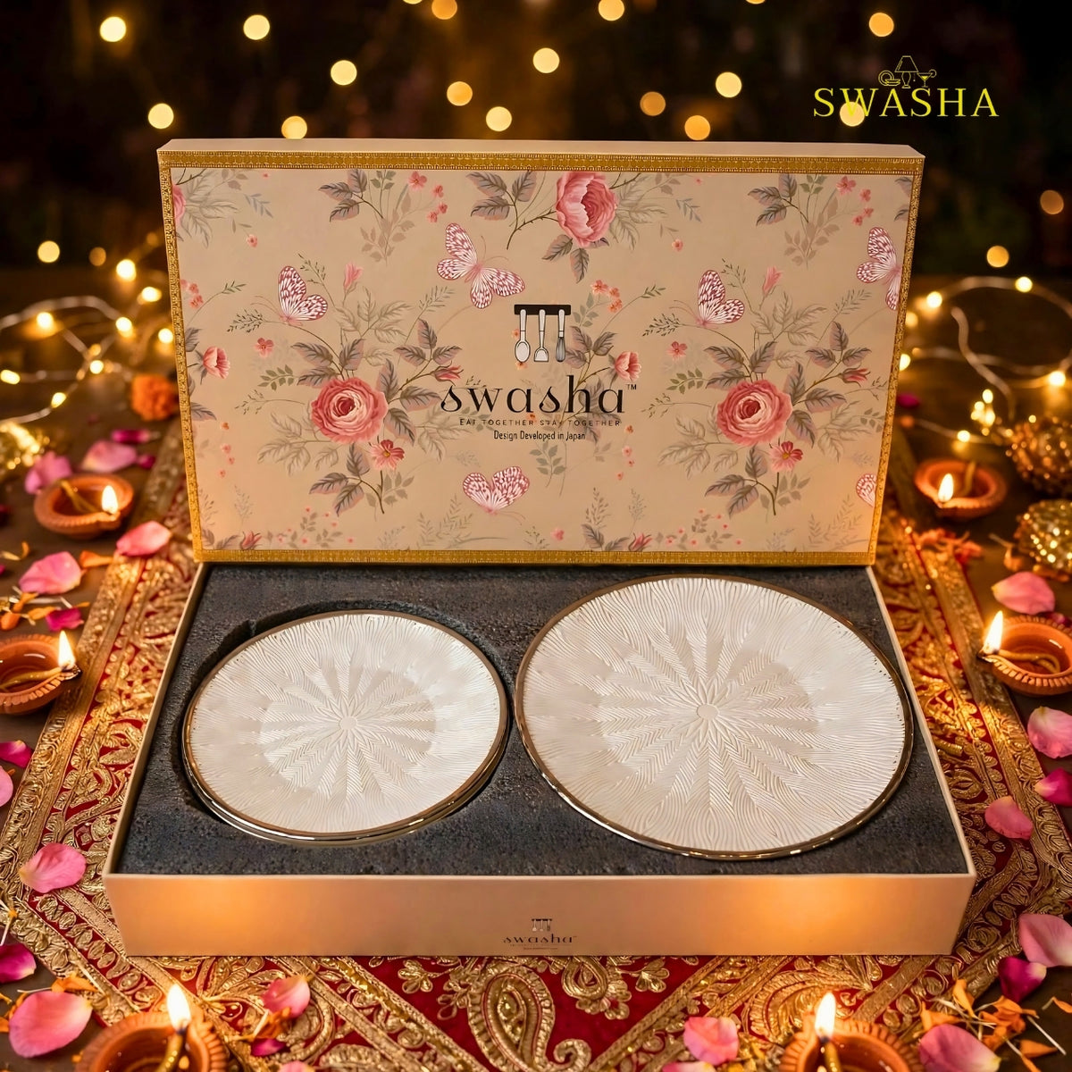 Swasha 7 pcs pearl white silver rim Turkish glass snack set in gift box with Diwali table lifestyle