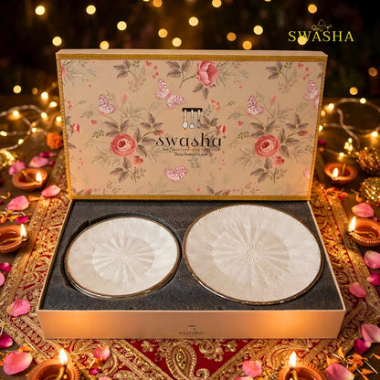 Swasha 7 pcs pearl white silver rim Turkish glass snack set in gift box with Diwali table lifestyle