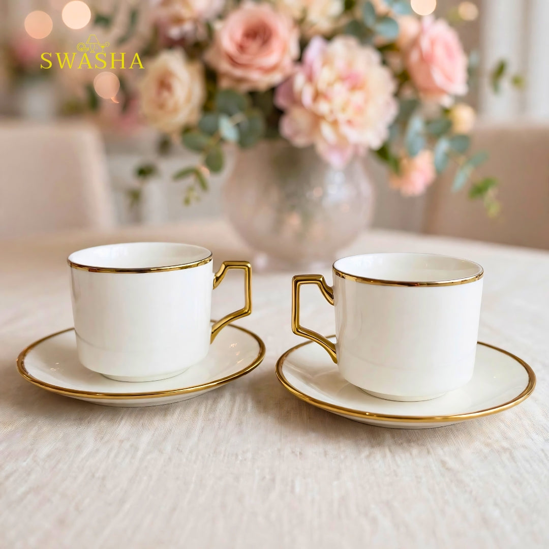 Swasha royal gold rim cup saucer set of 6 white ceramic with square gold handle and gold rim saucer luxury tea set