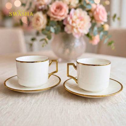 Swasha royal gold rim cup saucer set of 6 white ceramic with square gold handle and gold rim saucer luxury tea set