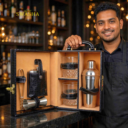 swasha black croco portable bar box open with liquor bottle 2 whiskey glasses hip flask jigger and tong