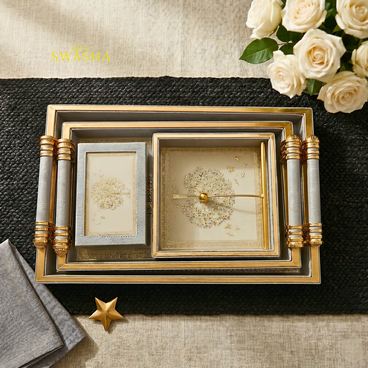 Swasha Leatherette Serving Tray Set of 4 with Cutlery Stand and Tissue Holder on Dining Table