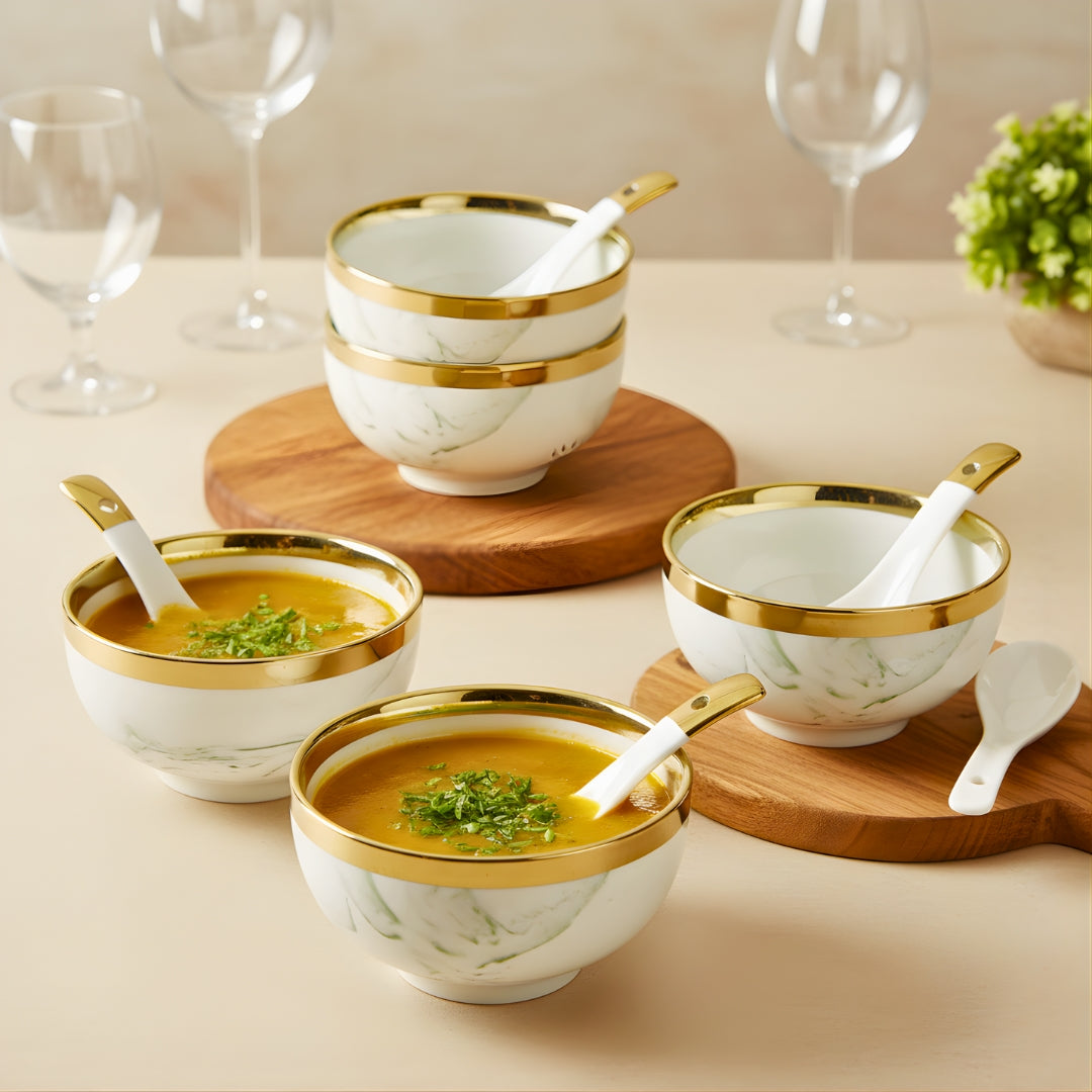 Swasha Gold Line Porcelain Soup Bowl Set with Spoon – 6 Pieces