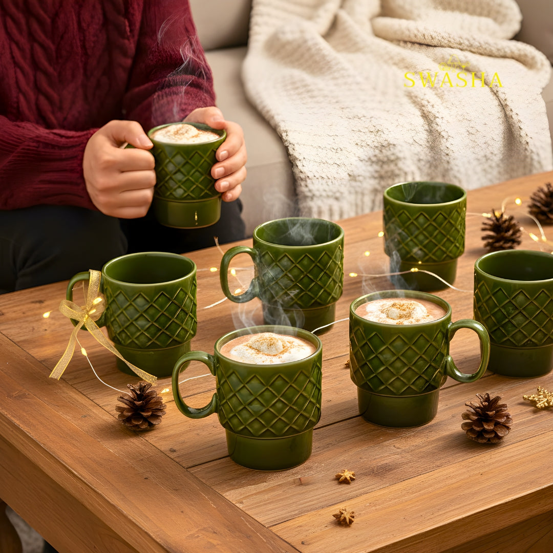 Stackable Stoneware Cups – Set of 6 Ceramic Coffee & Tea Cups | Swasha