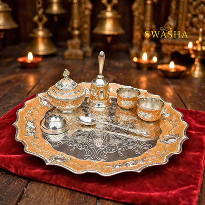 SWASHA Peach German Silver Pooja Thali Set - 7 Piece | For Diwali, Karwa Chauth, Wedding & Housewarming Gift