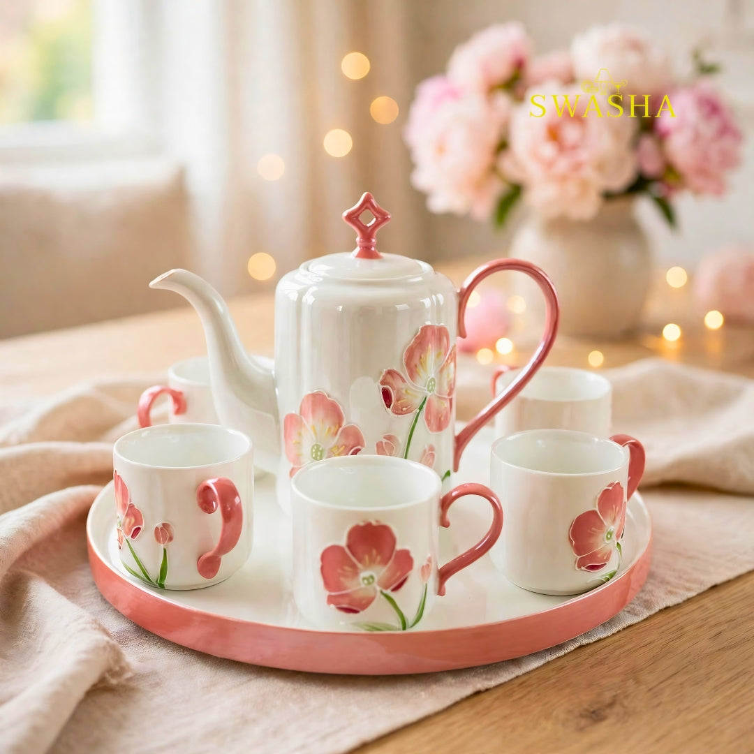 Swasha pink poppy blush 8 pcs revolving tea set 3d pink floral embossed coral handle kettle 6 cups revolving tray