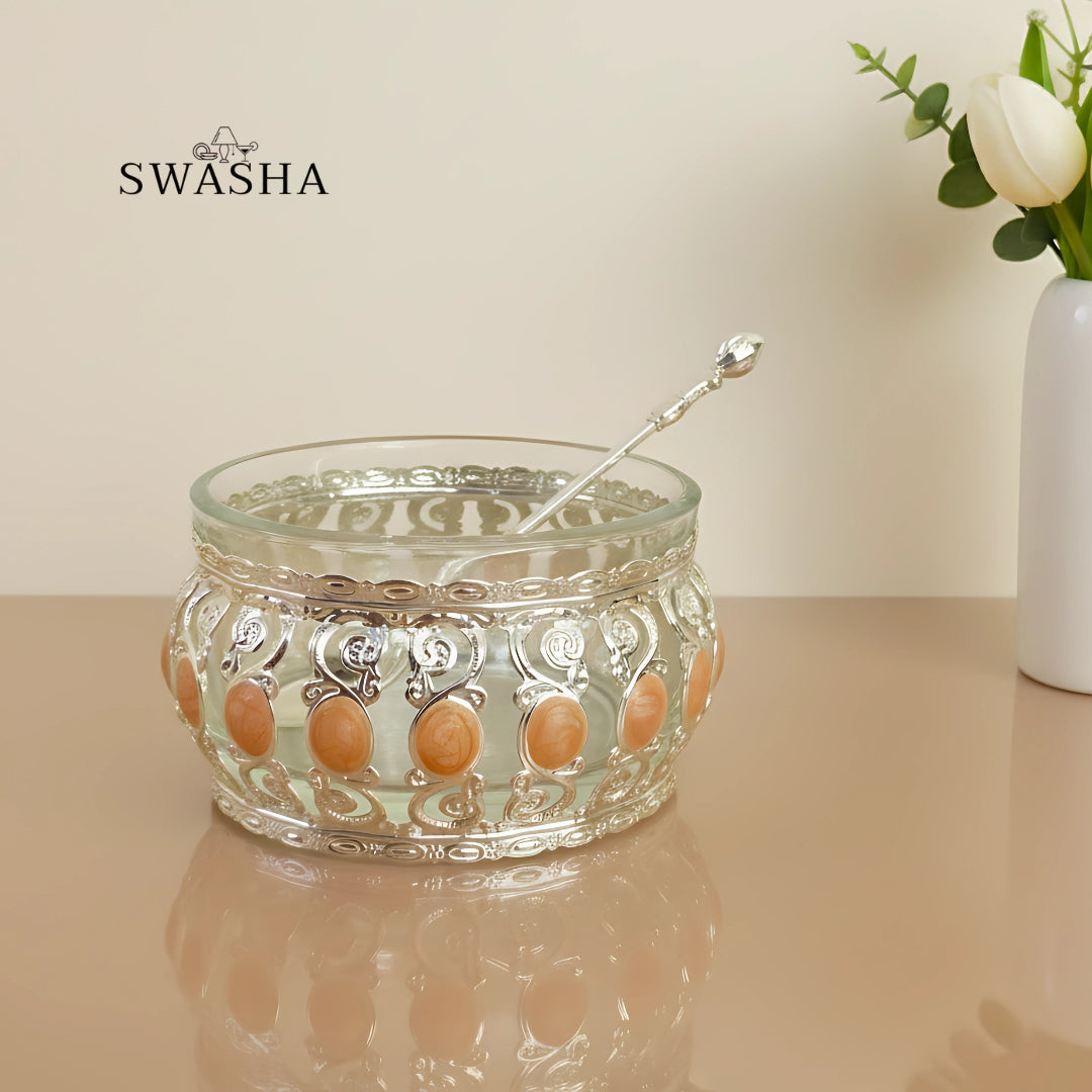 Elegant Dry Fruit Serving Bowls with Tray | German Silver | Perfect Gift (Oringish Yellow)