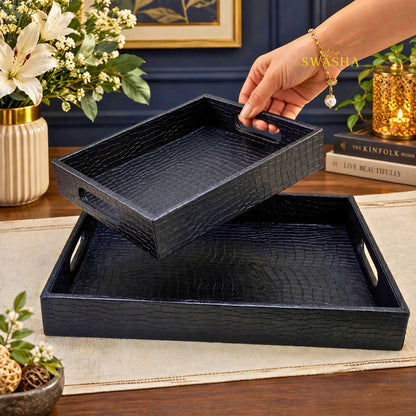 SWASHA midnight black faux leather serving tray set of 2 with croc texture on wooden table