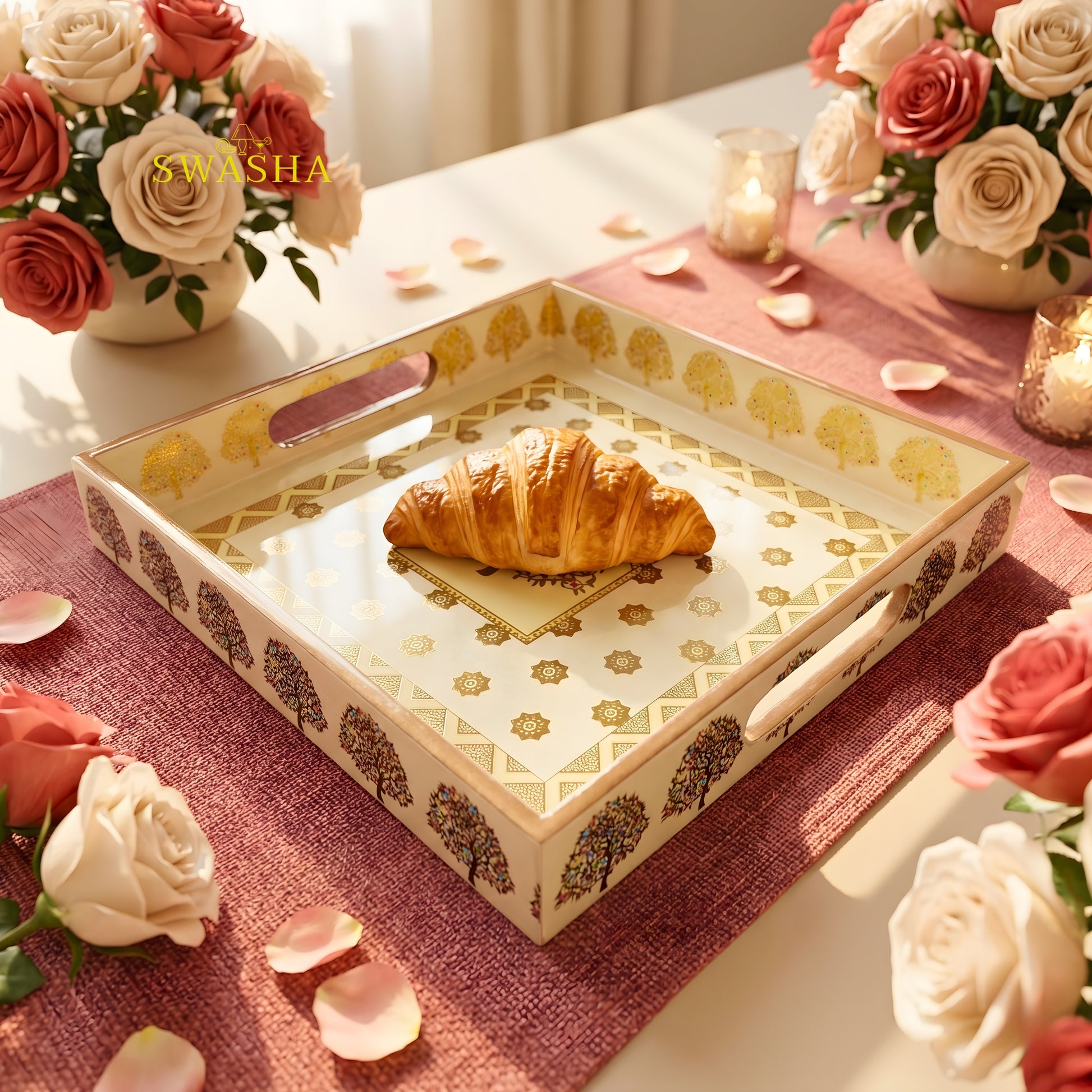 washa square resin finish MDF tray on coffee table with candles
