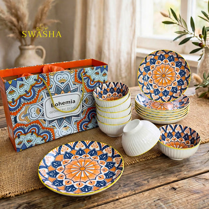 Swasha bohemia orange 12 pcs snack set 6 bowls 6 plates orange blue sunburst mandala with gift bag