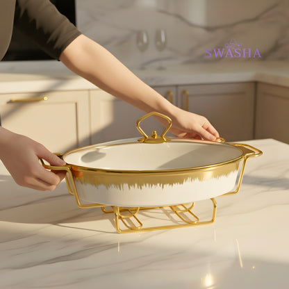 Swasha Porcelain Food Warmer Hot Pot – White (Oval)