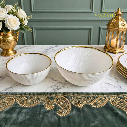 Swasha 28 Pcs Turkish Glass Dinner Set For 6 With Rice Plate | White & Gold Glass Dinner Set | Luxury Dinnerware