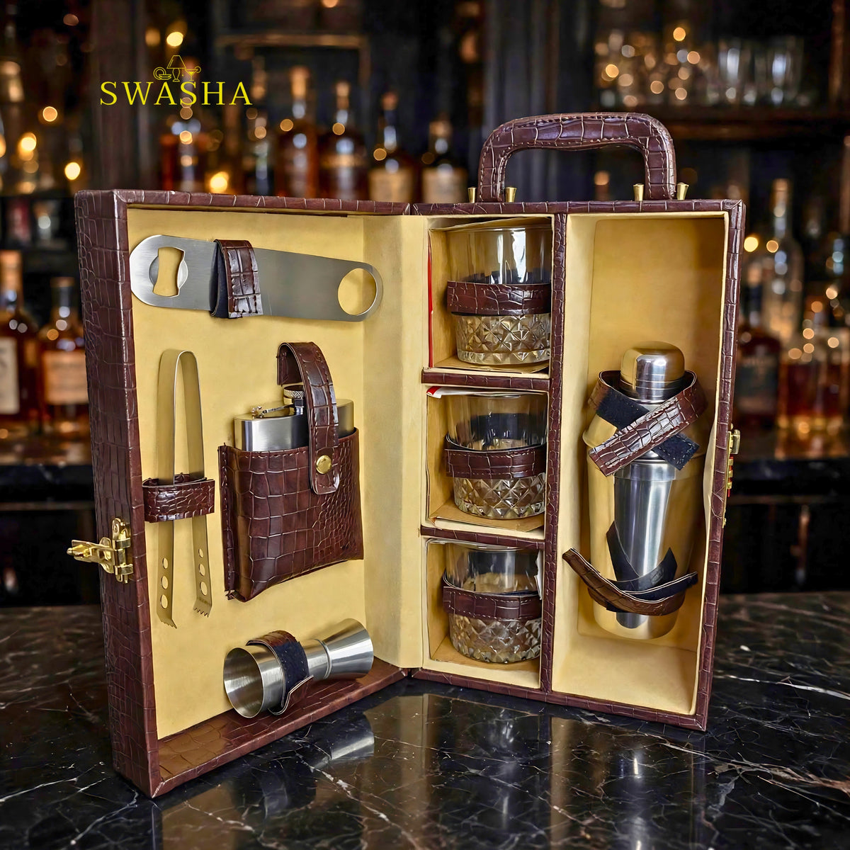 washa brown croco bar box open with 3 whiskey glasses cocktail shaker hip flask bottle opener jigger and tong