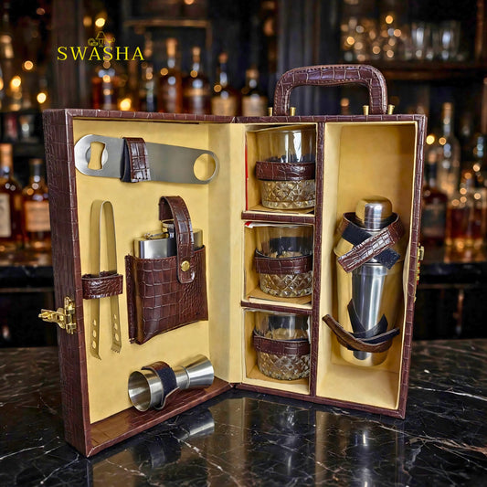 washa brown croco bar box open with 3 whiskey glasses cocktail shaker hip flask bottle opener jigger and tong