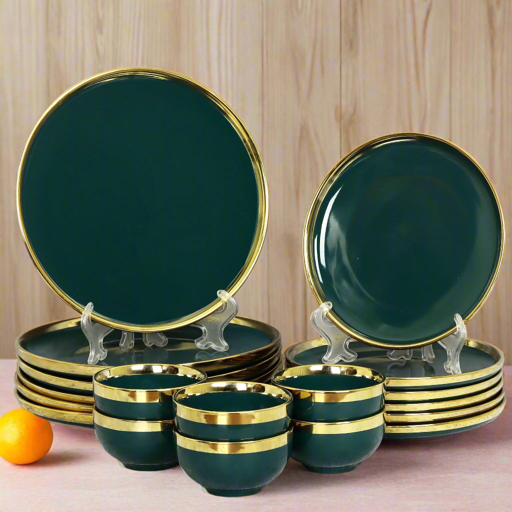 Swasha Porcelain Dinner Set/Snacks Set of 18 Pieces | Tableware (Green)