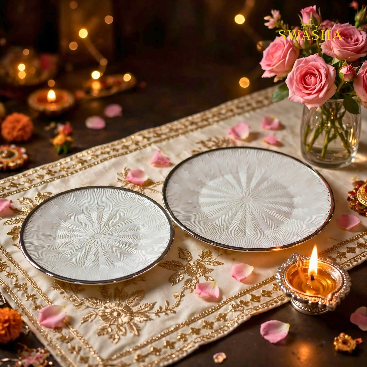 Swasha 7 pcs pearl white silver rim Turkish glass snack set in gift box with Diwali table lifestyle