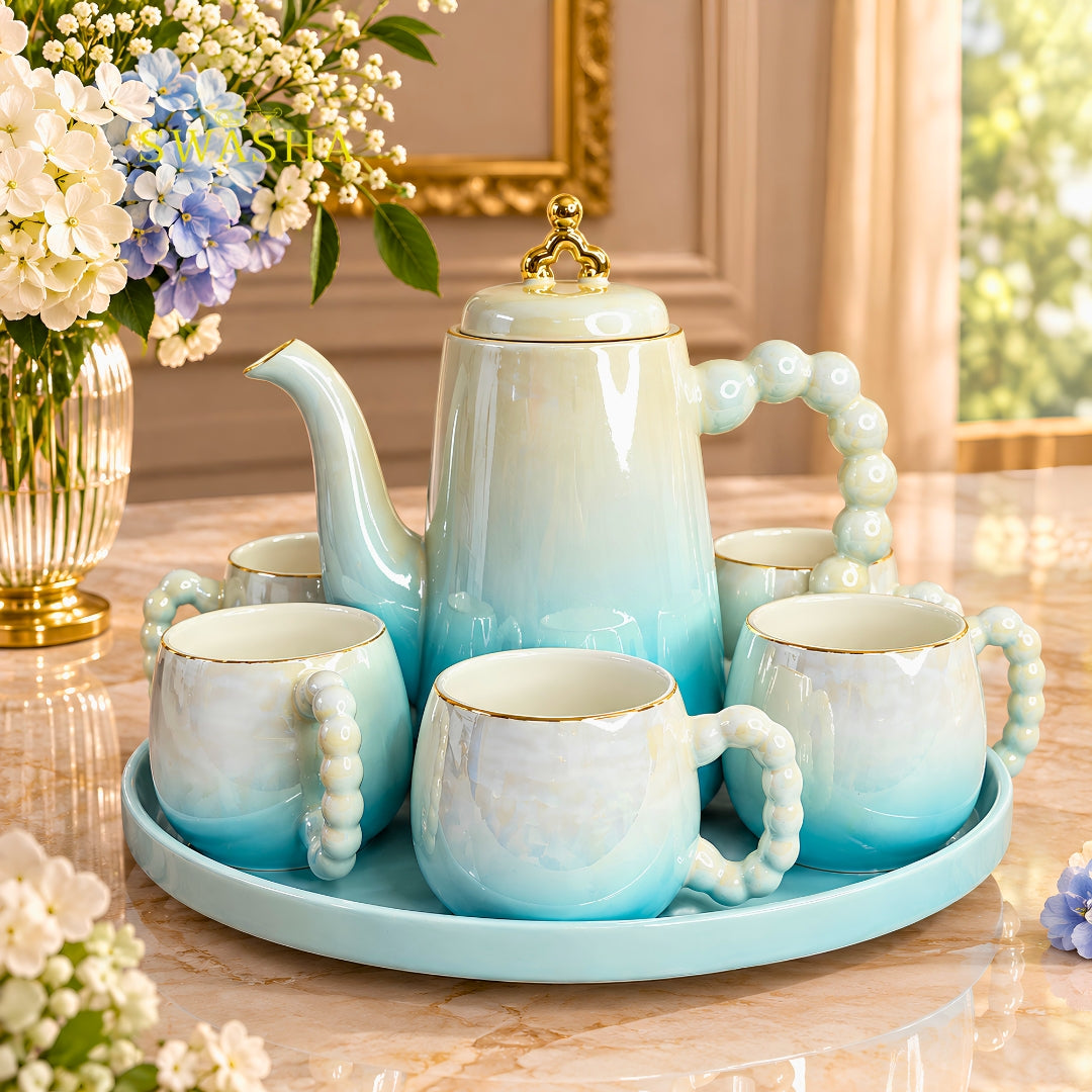 Swasha aqua blue ombre 8 pcs revolving tea set premium porcelain kettle with 6 pearl handle cups and revolving tray with gift bag