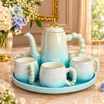 Swasha aqua blue ombre 8 pcs revolving tea set premium porcelain kettle with 6 pearl handle cups and revolving tray with gift bag
