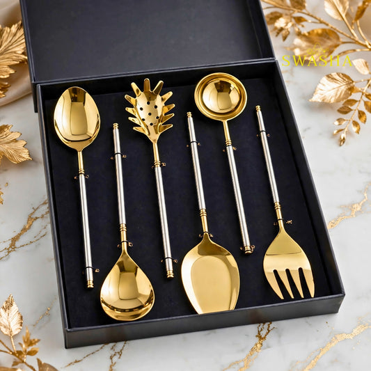 SWASHA Gold Silver Serving Spoon Set of 6 - PVD Polished Brass Luxury Serving Cutlery | Gold Plated Serving Spoons for Dinner Party & Gifting