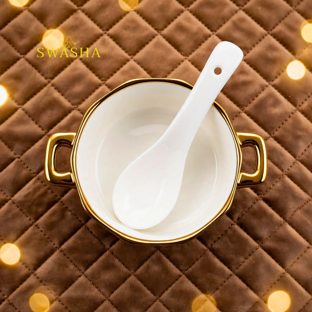 Swasha 14 pcs luxury soup set with gold stand white ceramic bowls with gold rim soup pot donga with glass lid