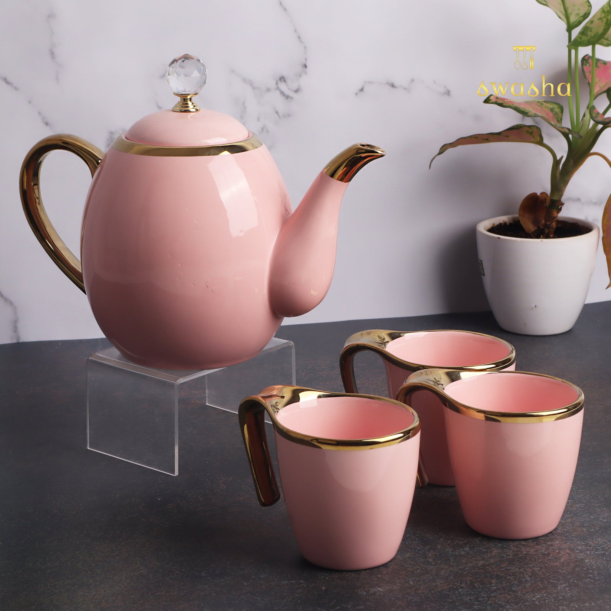 Set of 6 ceramic cups with matching kettle - perfect for delightful tea sessions