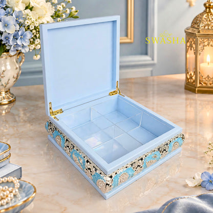 SWASHA Sky Blue Peacock Dry Fruit Box - 4 Compartment Wooden Gift Box with Silver Peacock | For Diwali, Wedding Return Gift, Sweets & Jewelry Storage