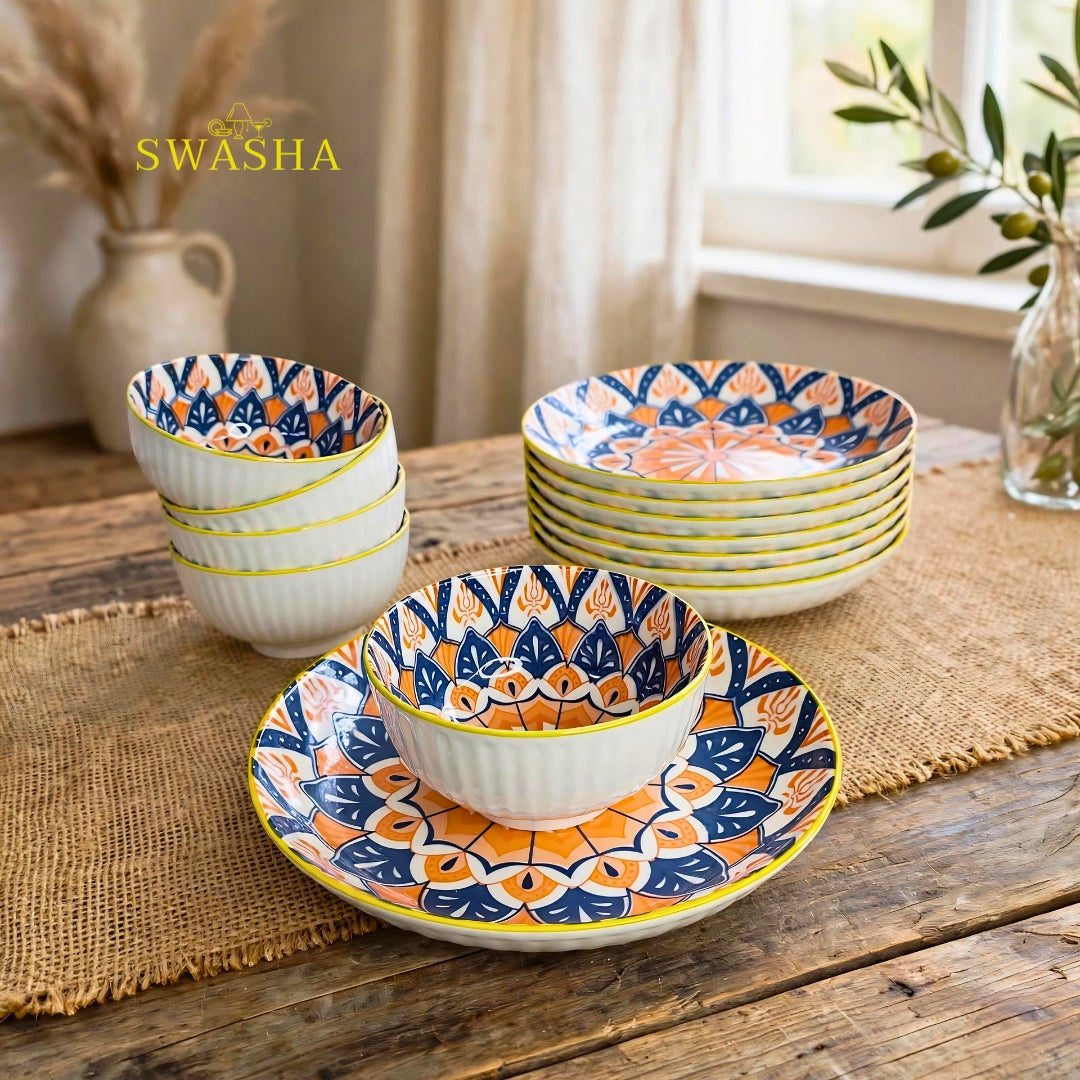 Swasha bohemia orange 12 pcs snack set 6 bowls 6 plates orange blue sunburst mandala with gift bag