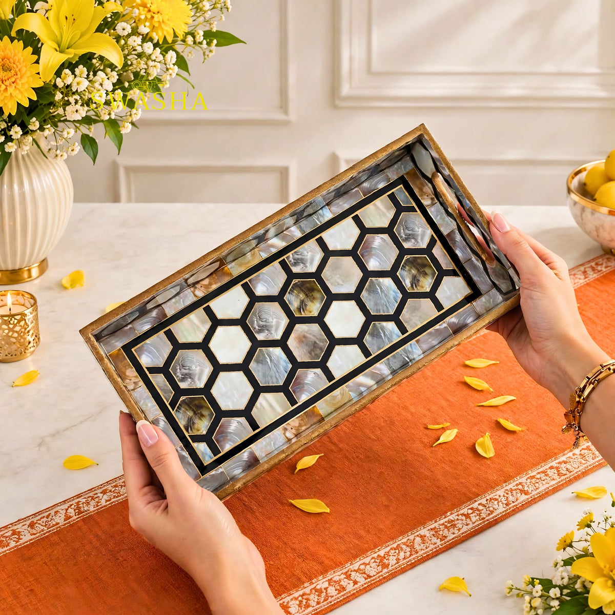 Swasha set of 3 honeycomb mother of pearl MDF serving trays black white hexagon pattern with gold handles