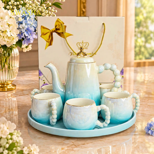 Swasha aqua blue ombre 8 pcs revolving tea set premium porcelain kettle with 6 pearl handle cups and revolving tray with gift bag