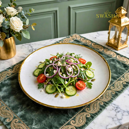 Swasha 28 Pcs Turkish Glass Dinner Set For 6 With Rice Plate | White & Gold Glass Dinner Set | Luxury Dinnerware