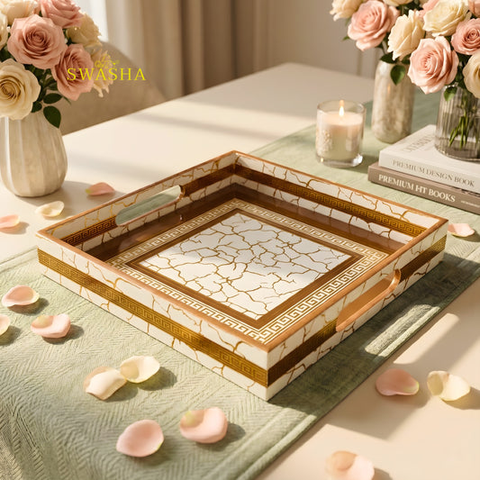 Swasha square resin finish MDF tray on coffee table with candles