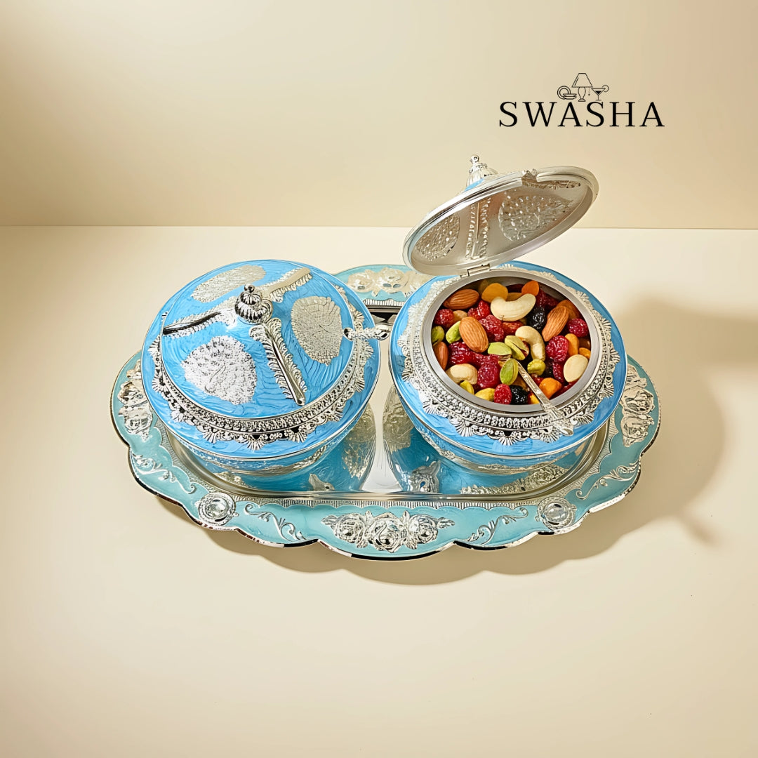 Premium Dry Fruit Server Set – 2 Bowls, 2 Spoons & Tray