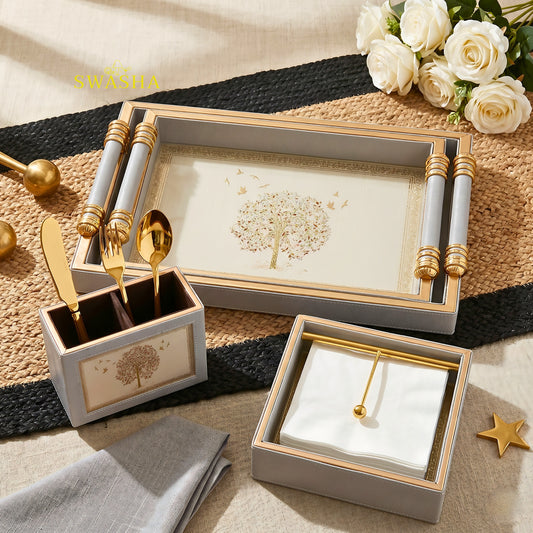 Swasha Leatherette Serving Tray Set of 4 with Cutlery Stand and Tissue Holder on Dining Table