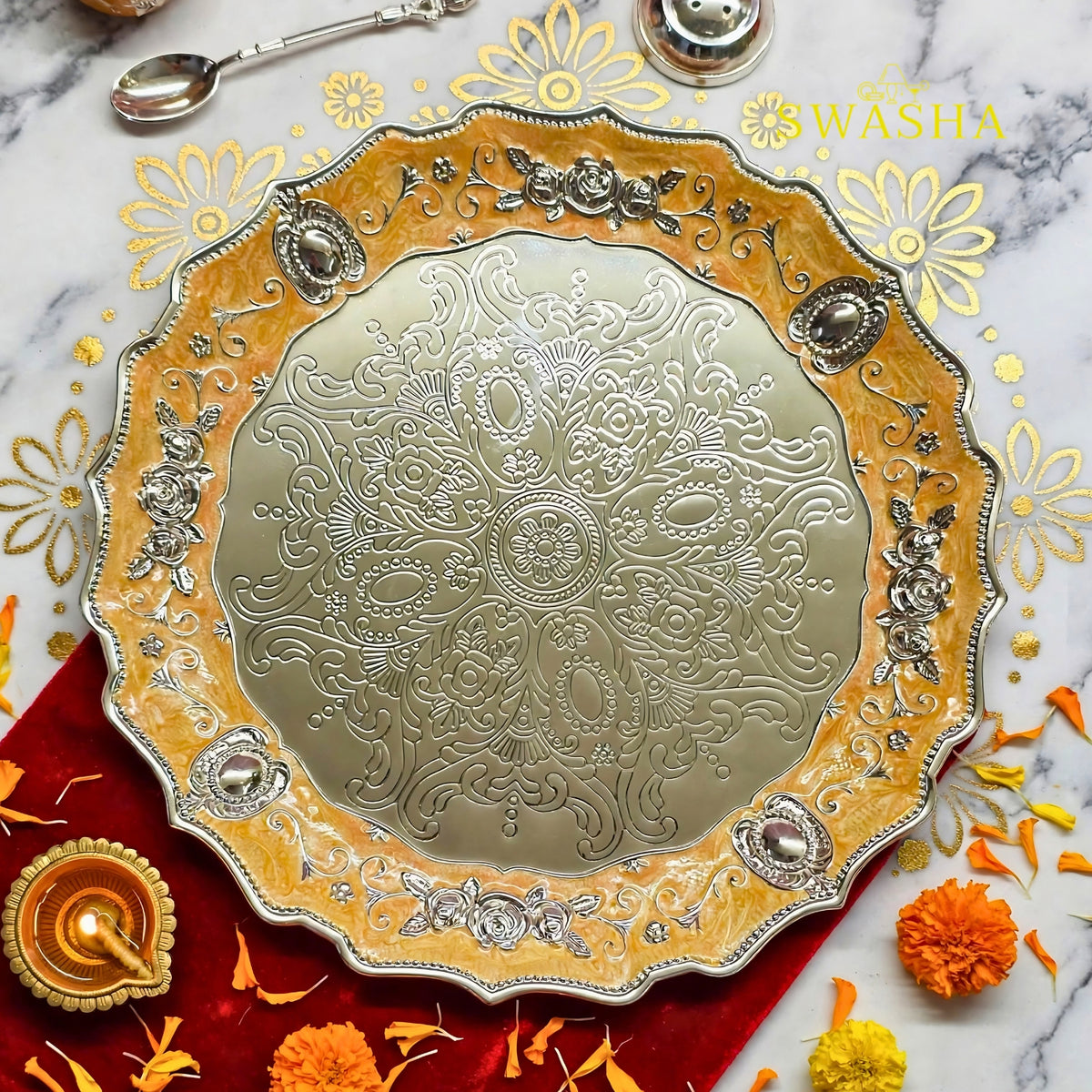 SWASHA Peach German Silver Pooja Thali Set - 7 Piece | For Diwali, Karwa Chauth, Wedding & Housewarming Gift