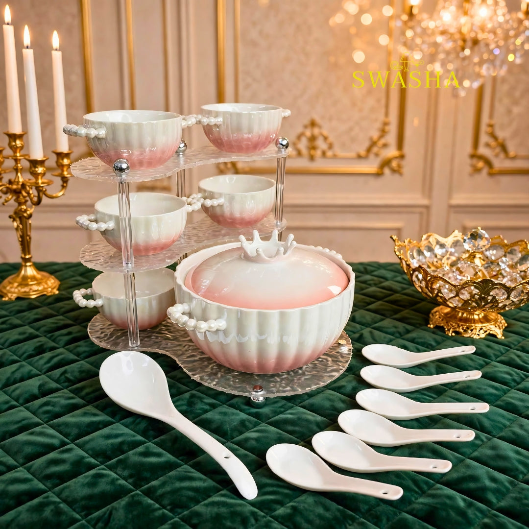 Swasha blush pink ombre 14 pcs soup set fine ceramic 1 crown pot with lid 6 bowls 6 spoons 1 ladle acrylic 3 tier stand