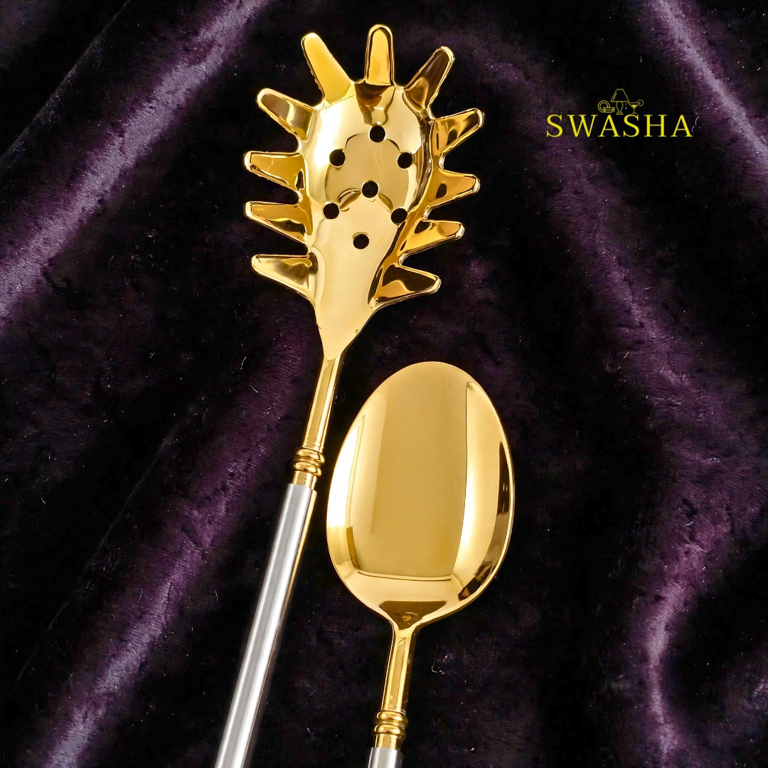 SWASHA Gold Silver Serving Spoon Set of 6 - PVD Polished Brass Luxury Serving Cutlery | Gold Plated Serving Spoons for Dinner Party & Gifting