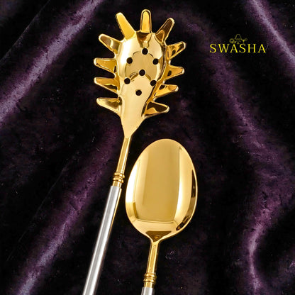 SWASHA Gold Silver Serving Spoon Set of 6 - PVD Polished Brass Luxury Serving Cutlery | Gold Plated Serving Spoons for Dinner Party & Gifting