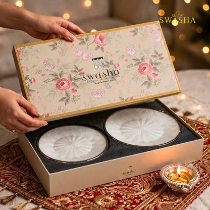 Swasha 7 pcs pearl white silver rim Turkish glass snack set in gift box with Diwali table lifestyle