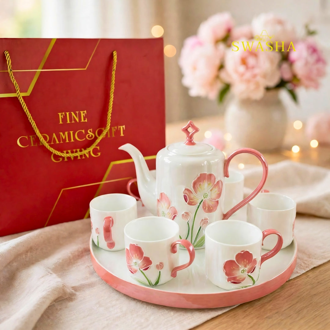 Swasha pink poppy blush 8 pcs revolving tea set 3d pink floral embossed coral handle kettle 6 cups revolving tray