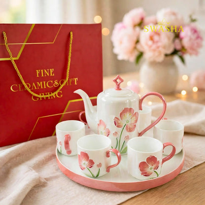 Swasha pink poppy blush 8 pcs revolving tea set 3d pink floral embossed coral handle kettle 6 cups revolving tray