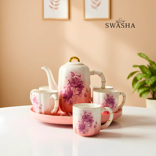 Revolving Floral Porcelain Tea Set – Swasha Kettle & 6 Cups