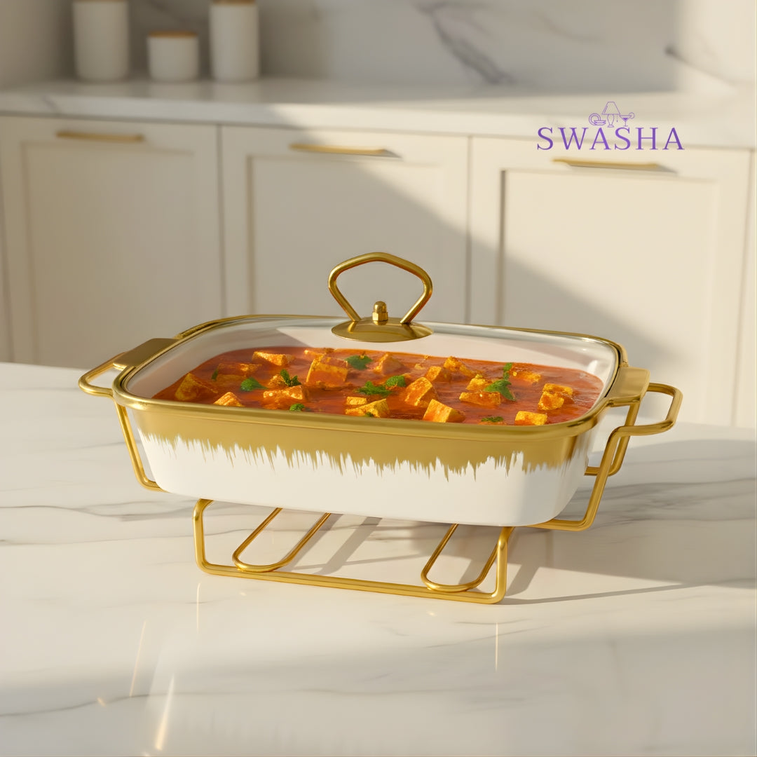 Swasha Porcelain Food Warmer, Chafing Dish – White (Rectangular)