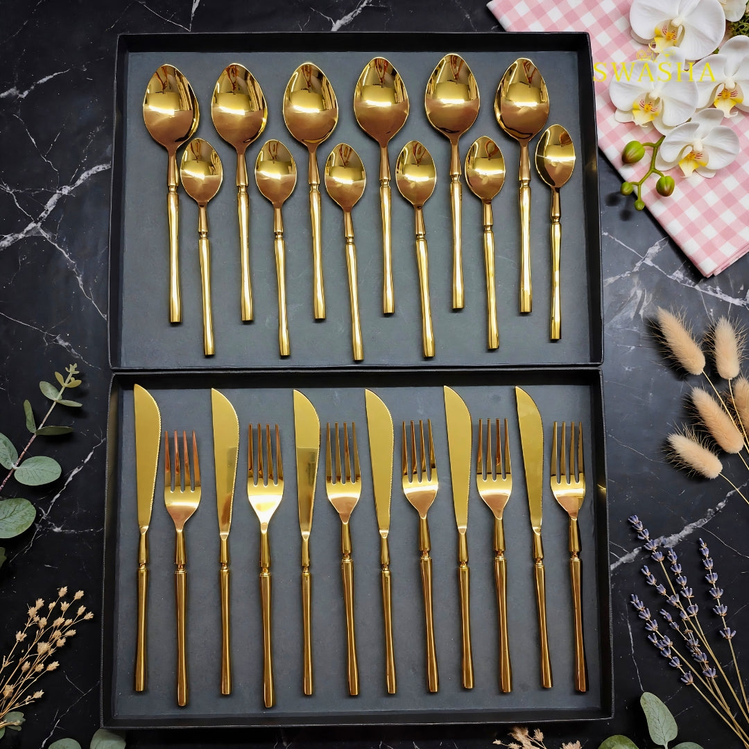 Swasha Luxury Cutlery Set 24 Pieces - Swasha Gold Spoon Fork Knife Set | Gift Box