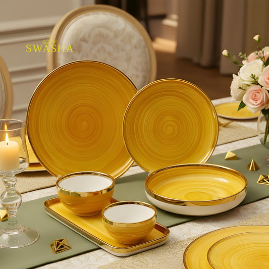 SWASHA Porcelain Dinner Set of 28 Pieces | Tableware | Dinnerware (Glossy Yellow)