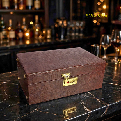 washa brown croco bar box open with 3 whiskey glasses cocktail shaker hip flask bottle opener jigger and tong