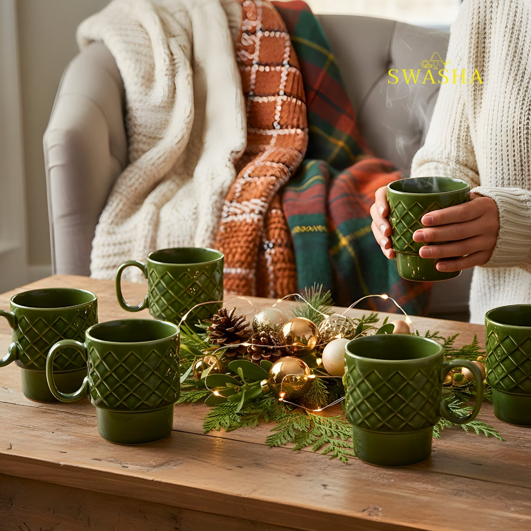 Stackable Stoneware Cups – Set of 6 Ceramic Coffee & Tea Cups | Swasha