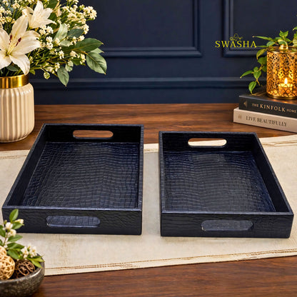 SWASHA midnight black faux leather serving tray set of 2 with croc texture on wooden table