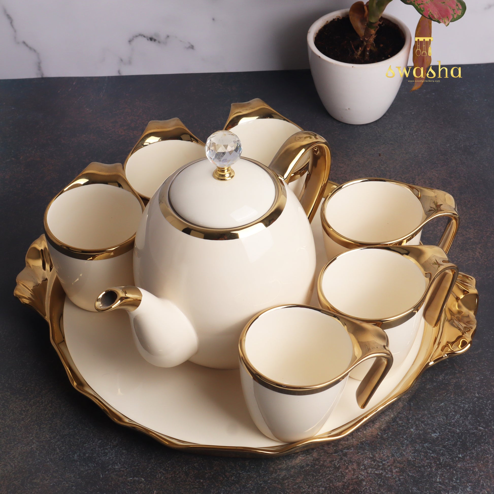 Set of 6 ceramic cups with matching kettle - perfect for delightful tea sessions