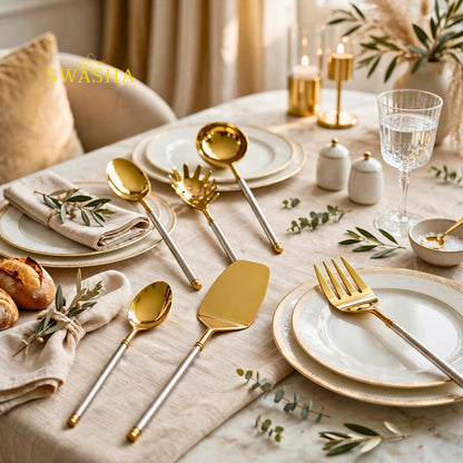 SWASHA Gold Silver Serving Spoon Set of 6 - PVD Polished Brass Luxury Serving Cutlery | Gold Plated Serving Spoons for Dinner Party & Gifting